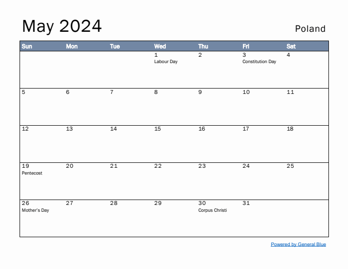 May 2024 Simple Monthly Calendar for Poland