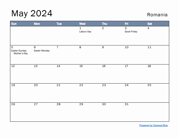 May 2024 Simple Monthly Calendar for Romania