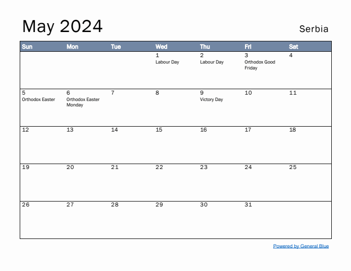 May 2024 Simple Monthly Calendar for Serbia