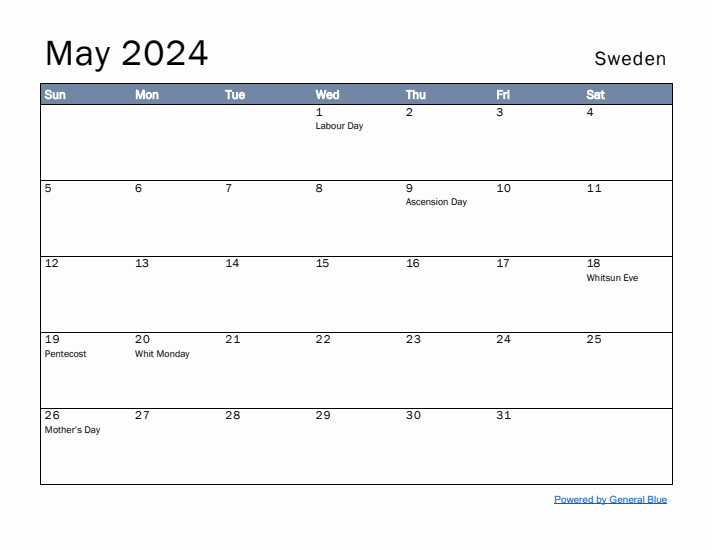 May 2024 Simple Monthly Calendar for Sweden