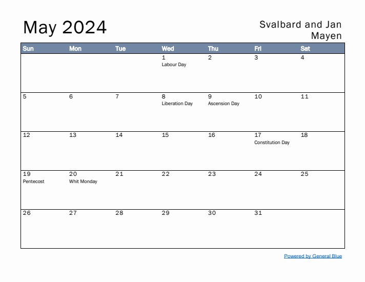 May 2024 Simple Monthly Calendar for Svalbard and Jan Mayen