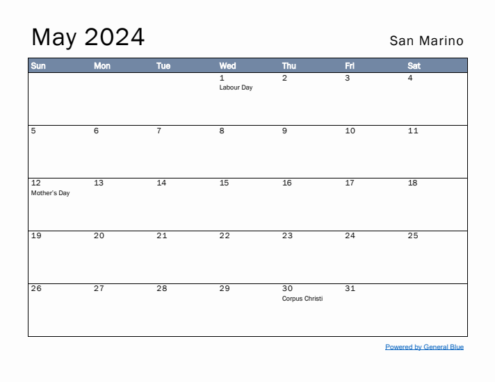 May 2024 Simple Monthly Calendar for San Marino