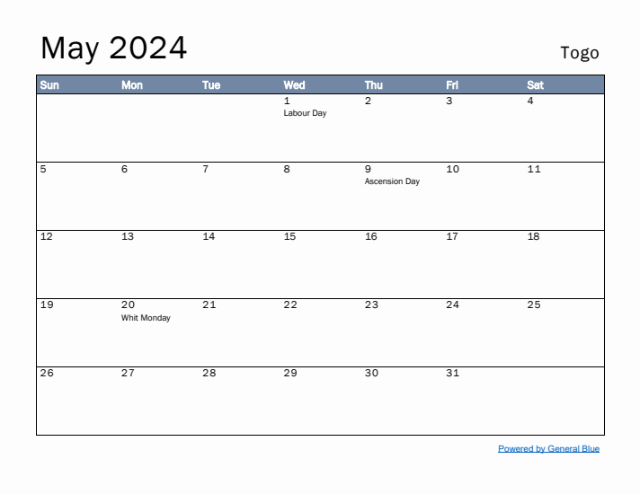 May 2024 Simple Monthly Calendar for Togo