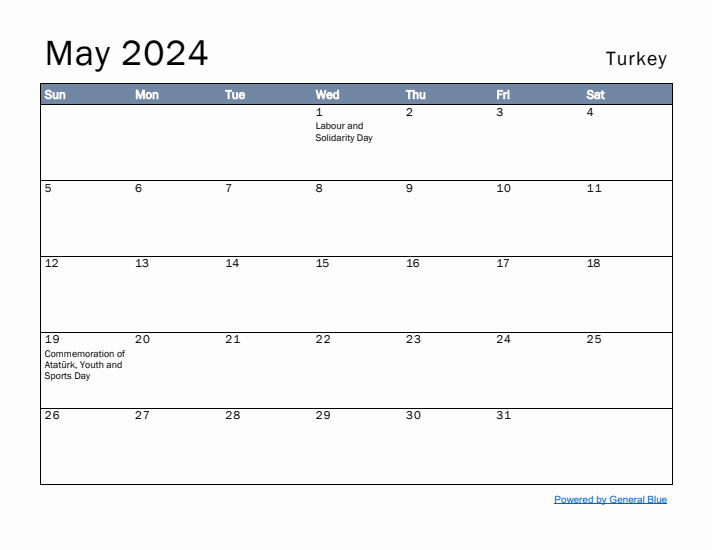 May 2024 Simple Monthly Calendar for Turkey