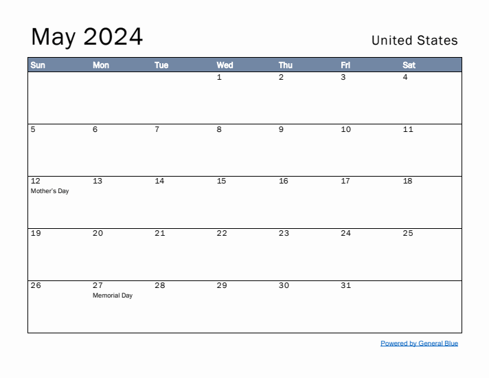 May 2024 Simple Monthly Calendar for United States