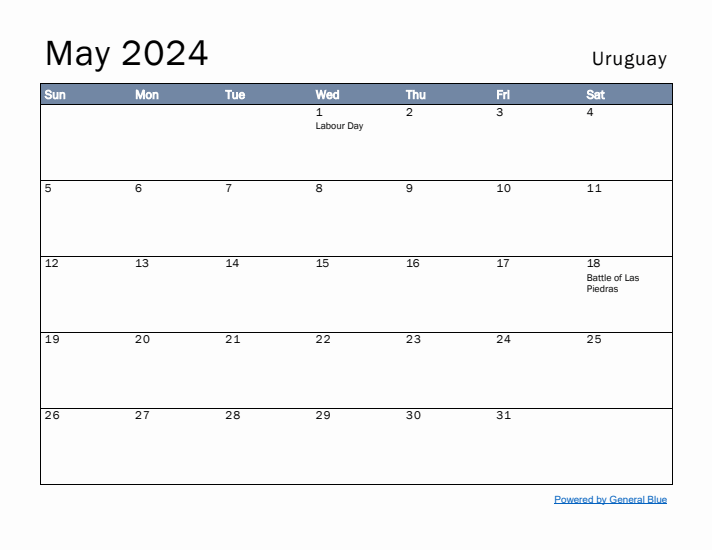 May 2024 Simple Monthly Calendar for Uruguay