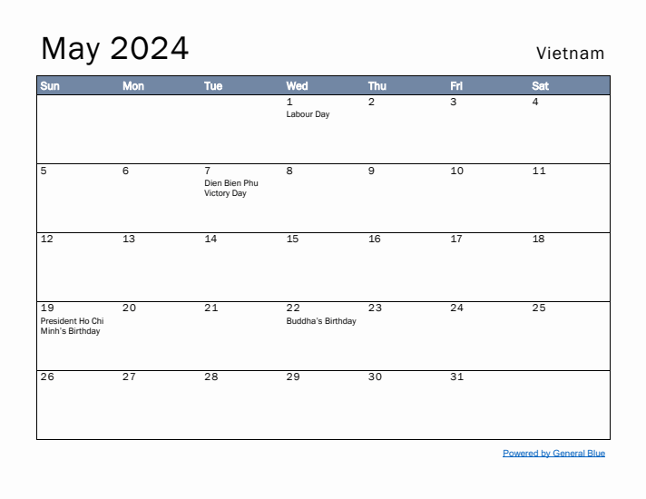 May 2024 Simple Monthly Calendar for Vietnam