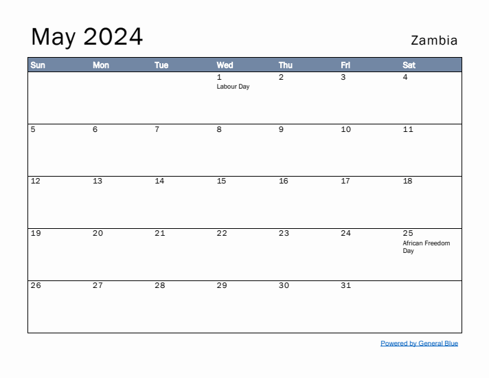 May 2024 Simple Monthly Calendar for Zambia