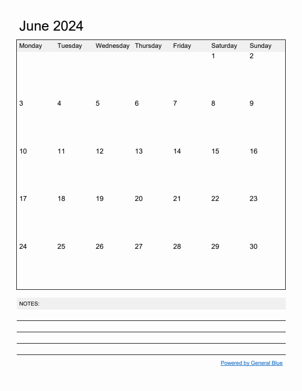 Basic Monthly Calendar Template for June 2024