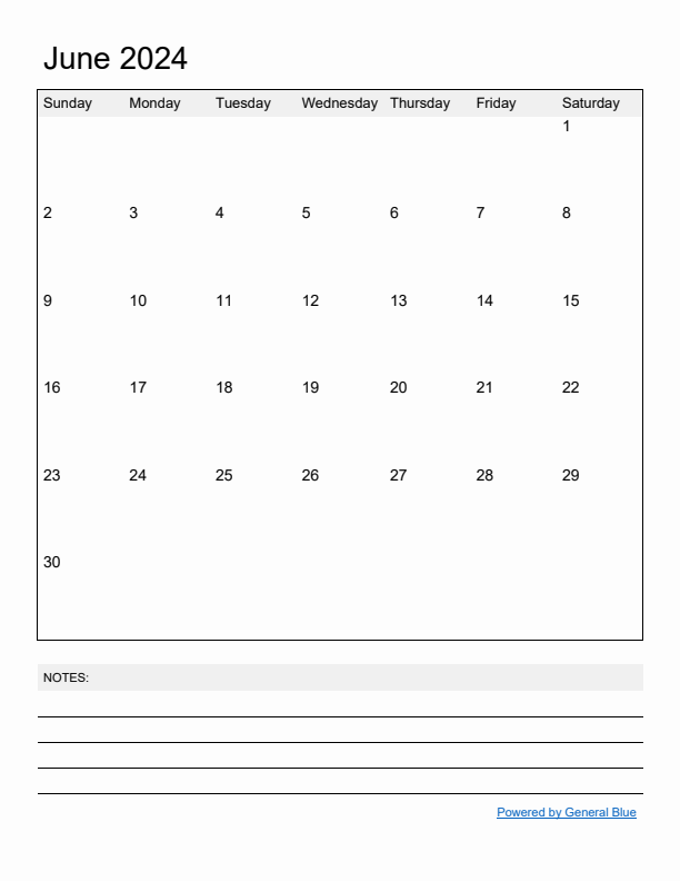 Basic Monthly Calendar Template for June 2024