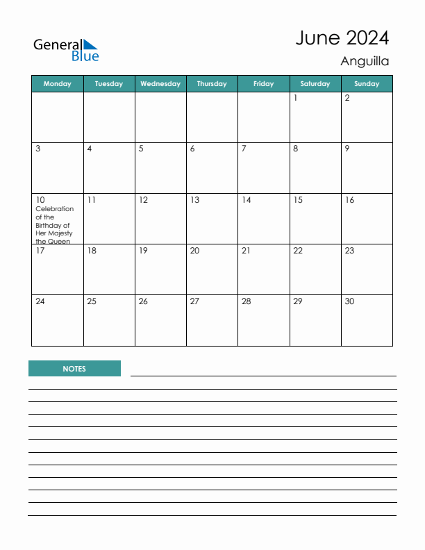 Calendar with Notes Printable - Monday Start