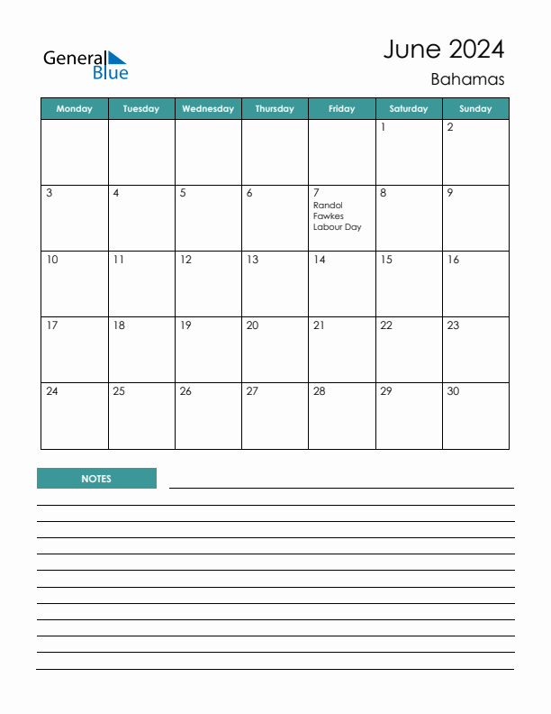 Calendar with Notes Printable - Monday Start