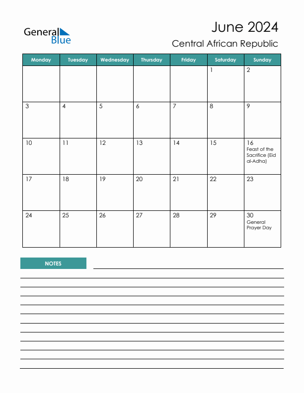 Calendar with Notes Printable - Monday Start