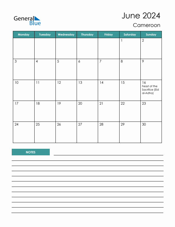 Calendar with Notes Printable - Monday Start