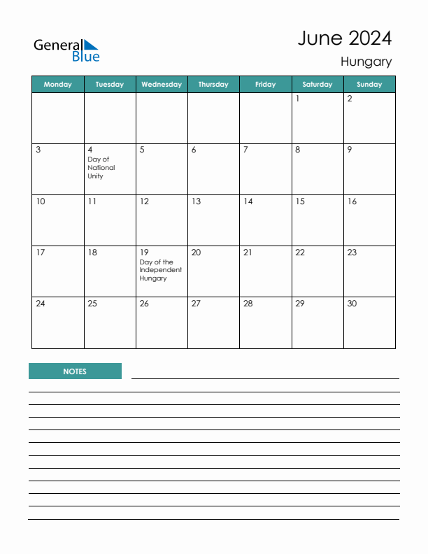 Calendar with Notes Printable - Monday Start