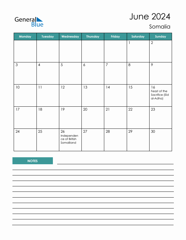 Calendar with Notes Printable - Monday Start