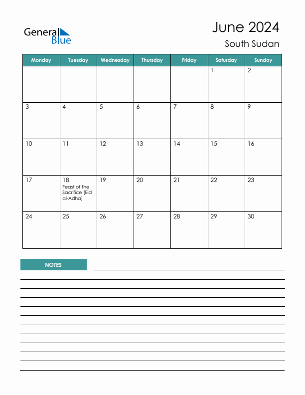 Calendar with Notes Printable - Monday Start