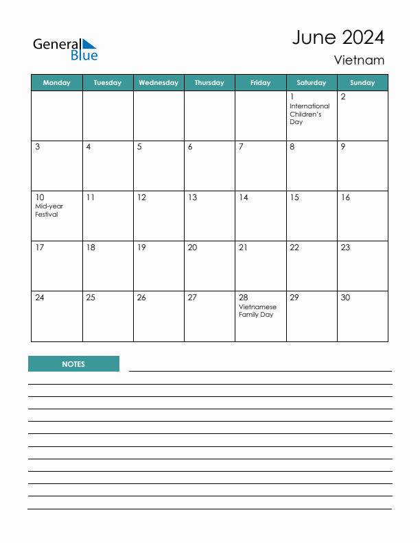 Calendar with Notes Printable - Monday Start