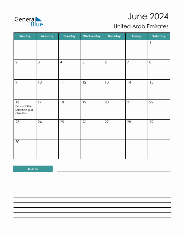 Calendar with Notes Printable - Sunday Start