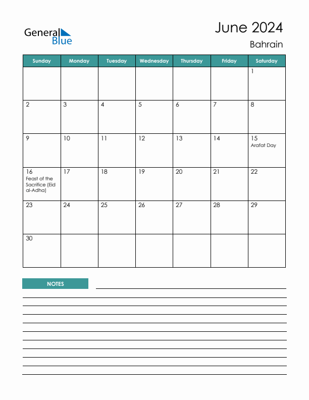 Calendar with Notes Printable - Sunday Start