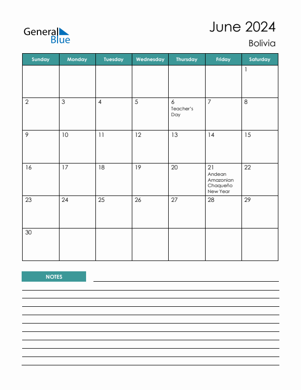 Calendar with Notes Printable - Sunday Start