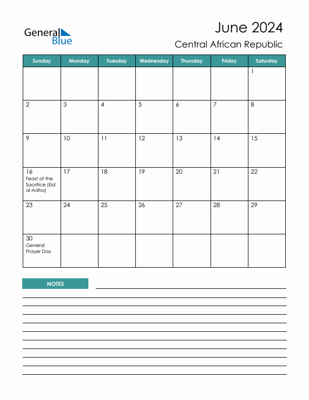 Calendar with Notes Printable - Sunday Start