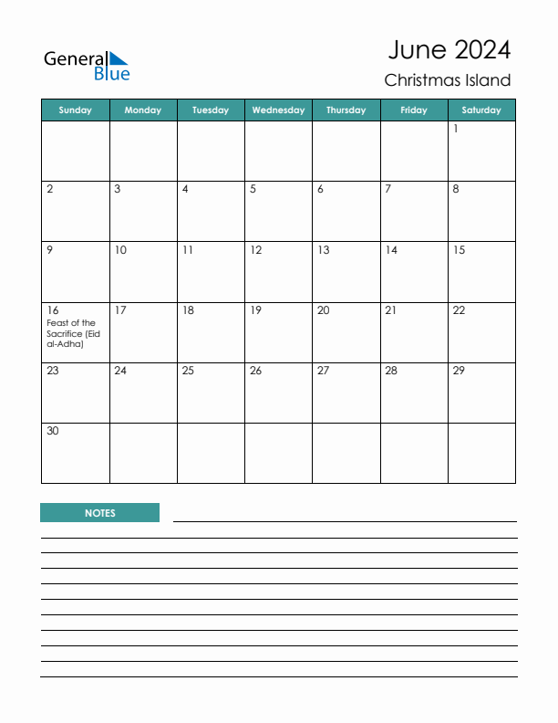 Calendar with Notes Printable - Sunday Start