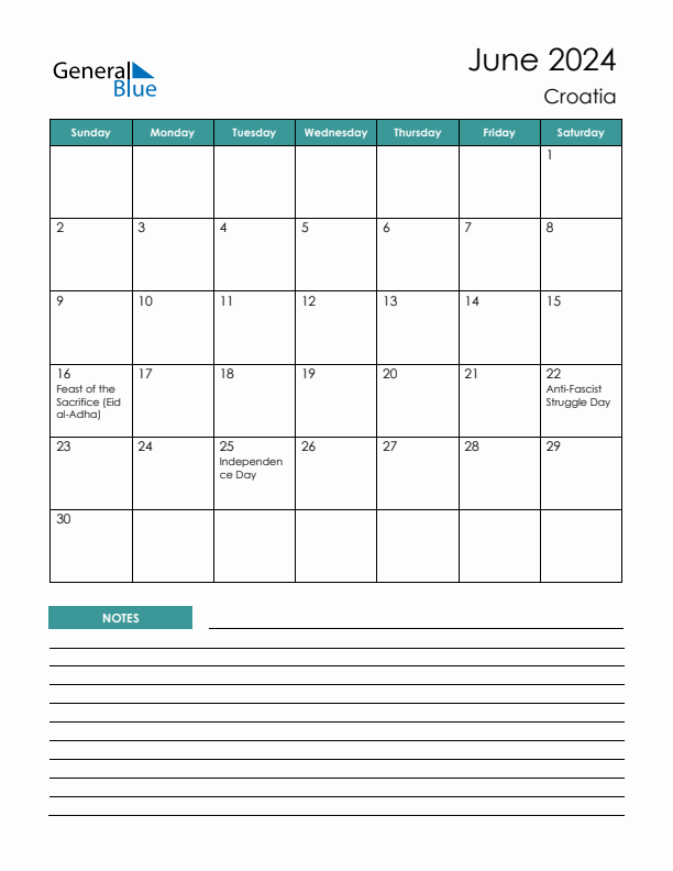 Calendar with Notes Printable - Sunday Start