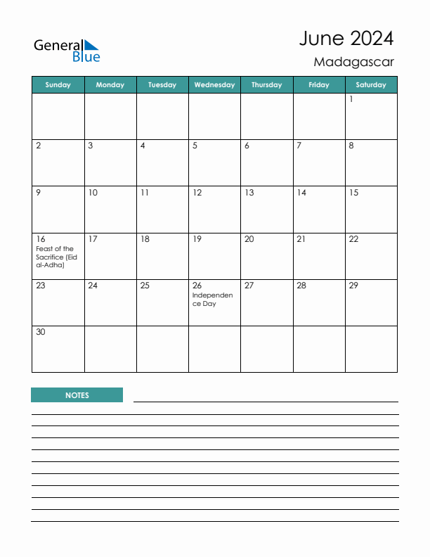 Calendar with Notes Printable - Sunday Start