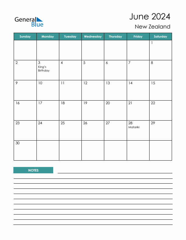 Calendar with Notes Printable - Sunday Start