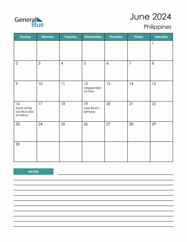 Calendar with Notes Printable - Sunday Start