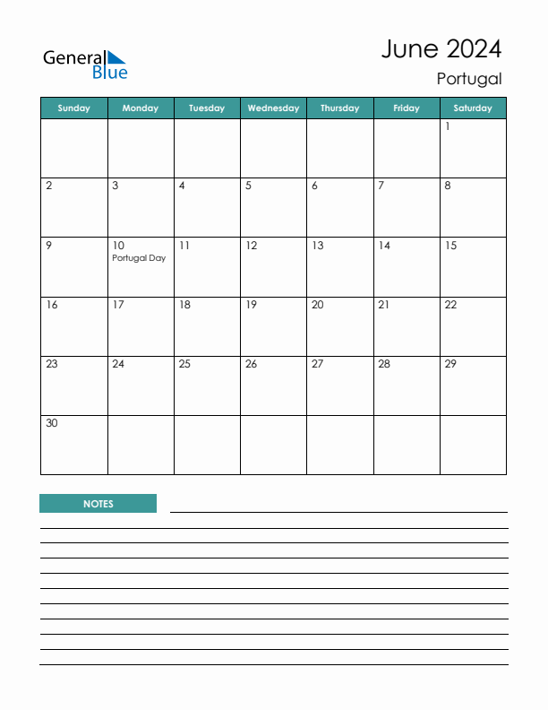 Calendar with Notes Printable - Sunday Start