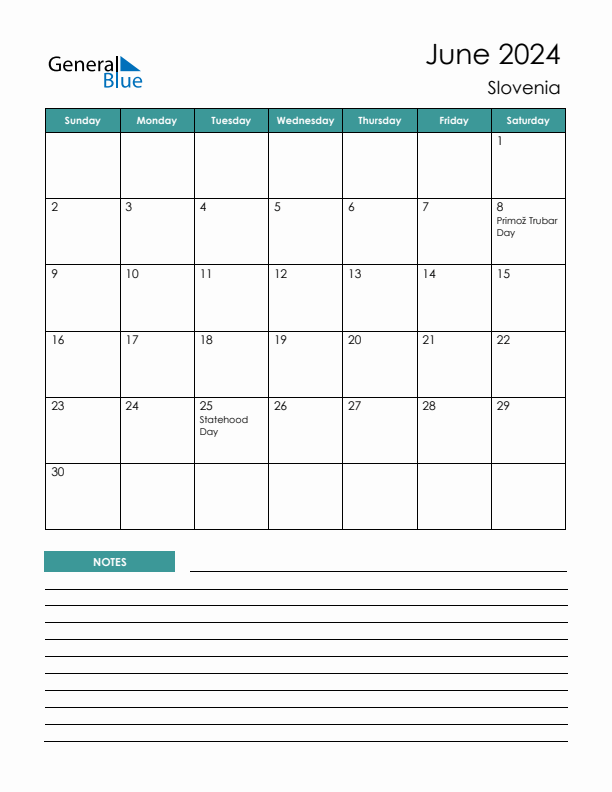 Calendar with Notes Printable - Sunday Start