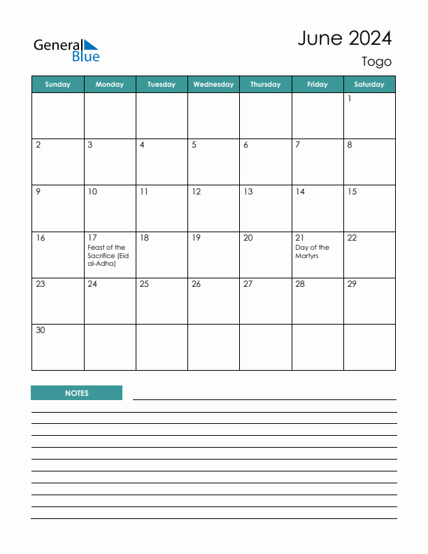 Calendar with Notes Printable - Sunday Start