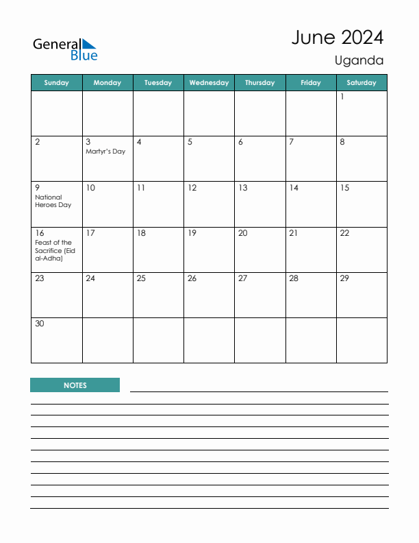 Calendar with Notes Printable - Sunday Start