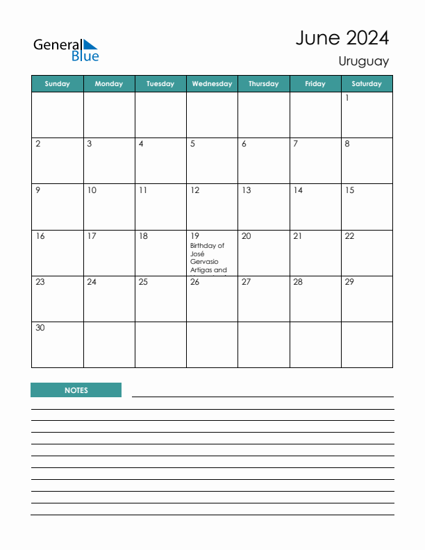 Calendar with Notes Printable - Sunday Start