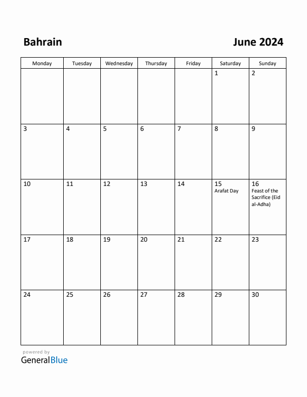 June 2024 Calendar with Bahrain Holidays