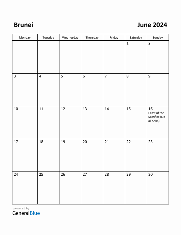 June 2024 Calendar with Brunei Holidays