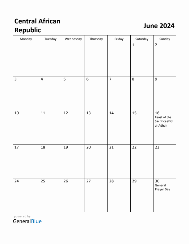 June 2024 Calendar with Central African Republic Holidays