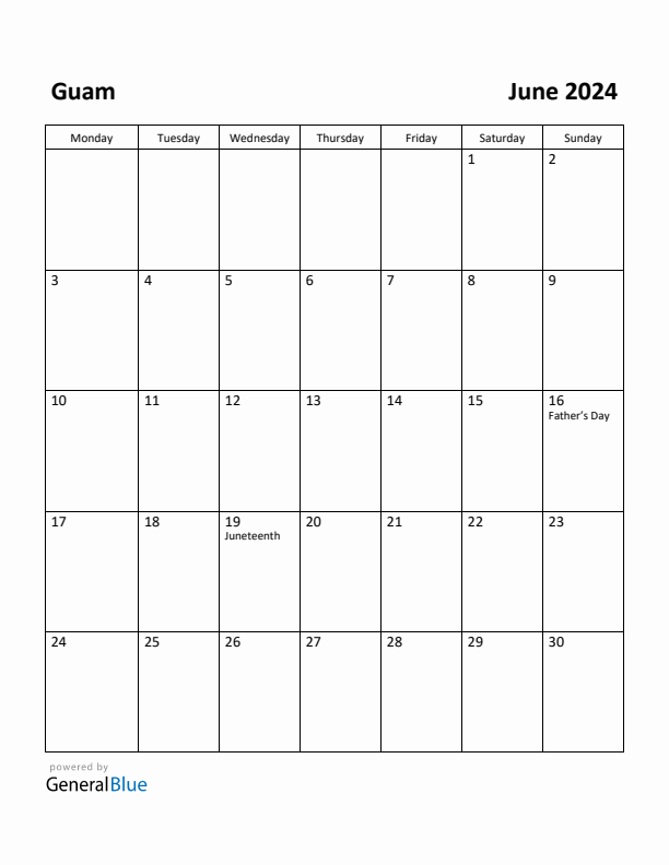 June 2024 Calendar with Guam Holidays