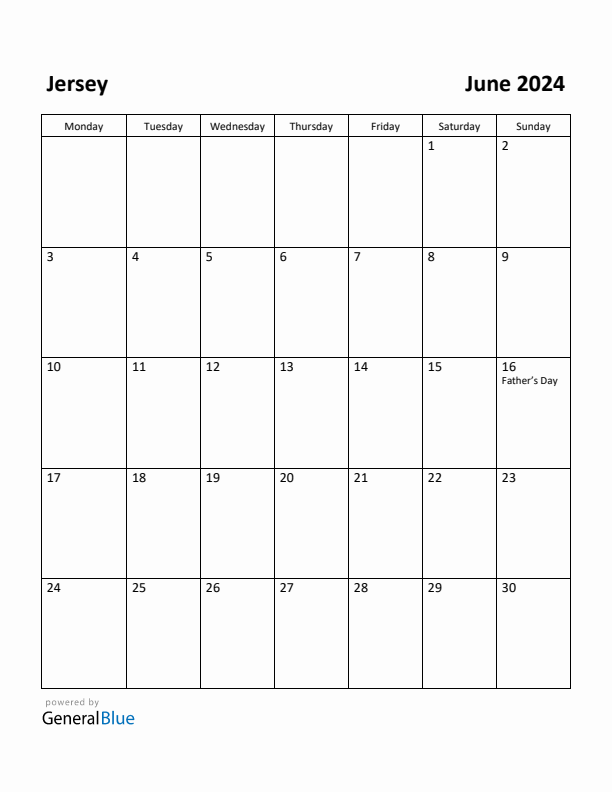 June 2024 Calendar with Jersey Holidays