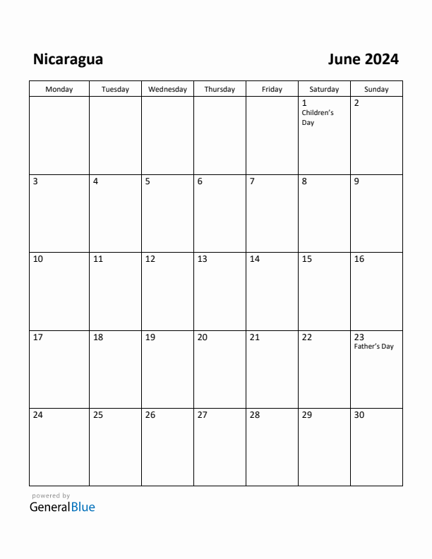 June 2024 Calendar with Nicaragua Holidays