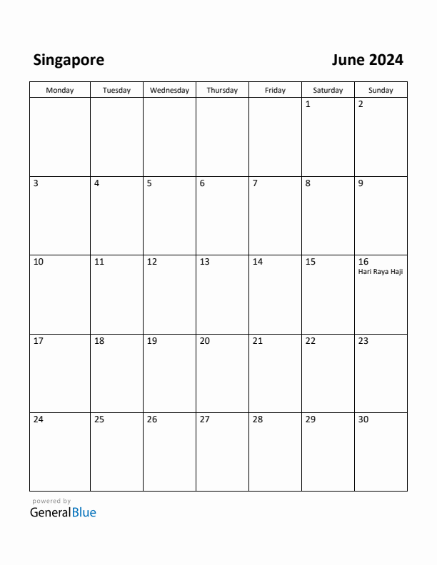 June 2024 Calendar with Singapore Holidays