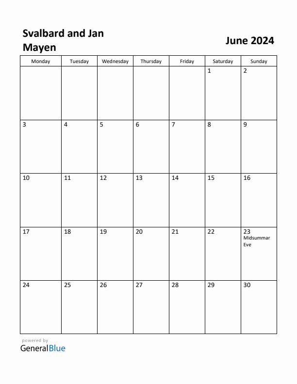 June 2024 Calendar with Svalbard and Jan Mayen Holidays