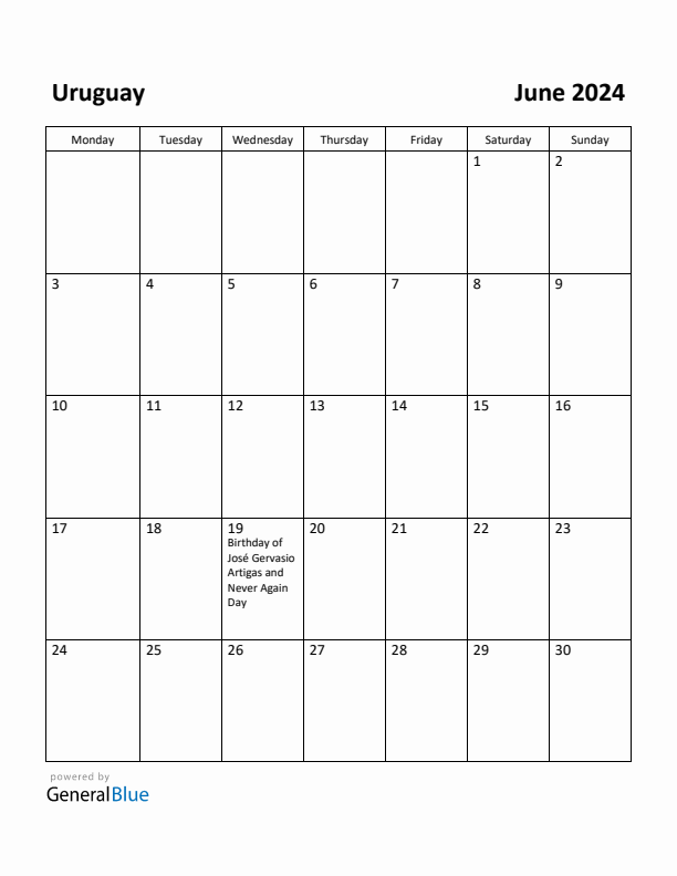 June 2024 Calendar with Uruguay Holidays