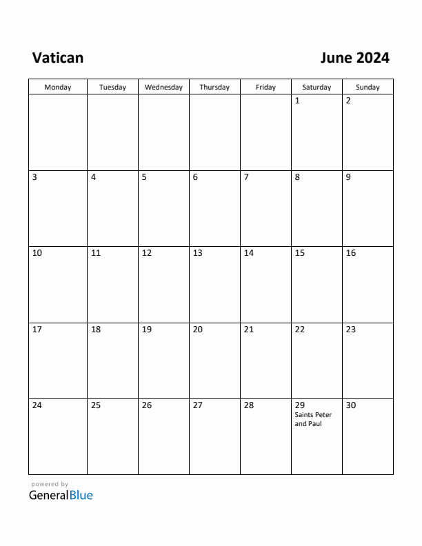 June 2024 Calendar with Vatican Holidays