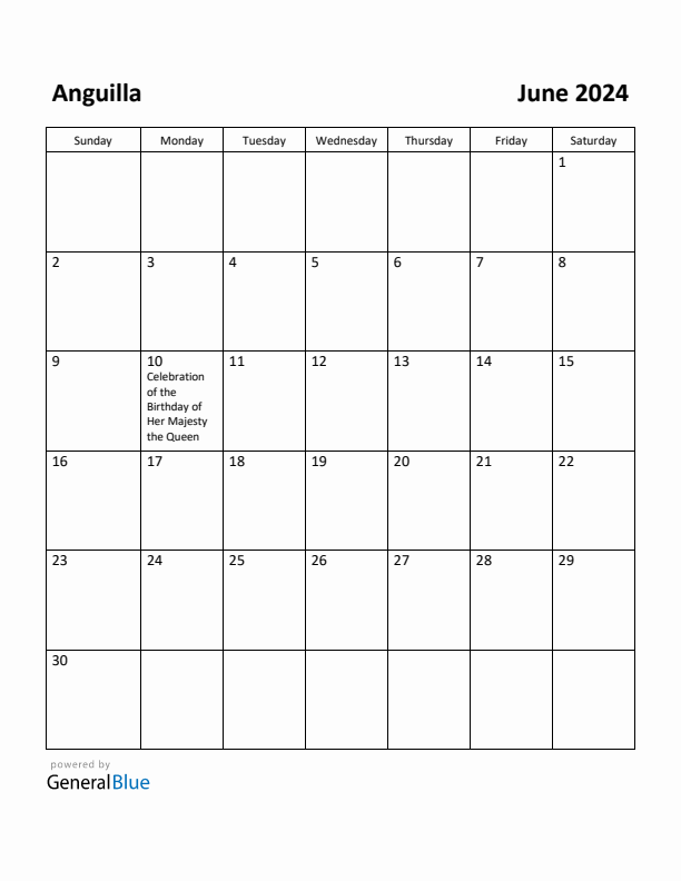 June 2024 Calendar with Anguilla Holidays