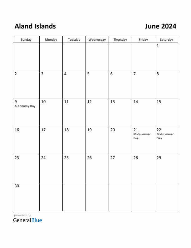 June 2024 Calendar with Aland Islands Holidays