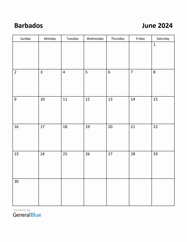 June 2024 Calendar with Barbados Holidays