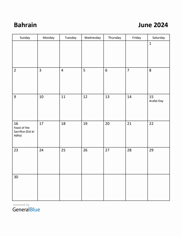 June 2024 Calendar with Bahrain Holidays